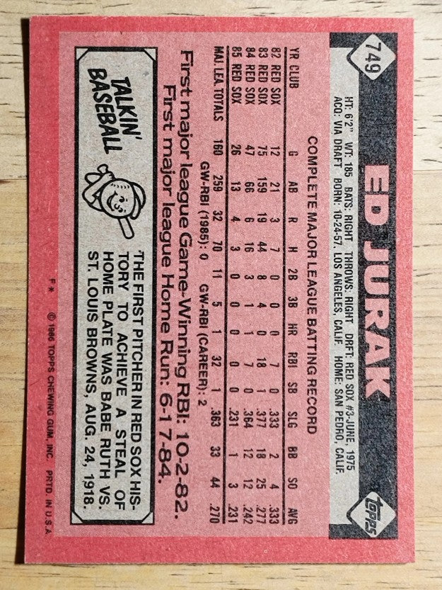 1986 Topps #749 Ed Jurak