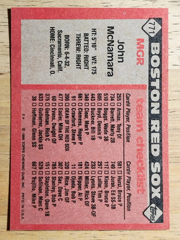 1986 Topps #771 John McNamara MG