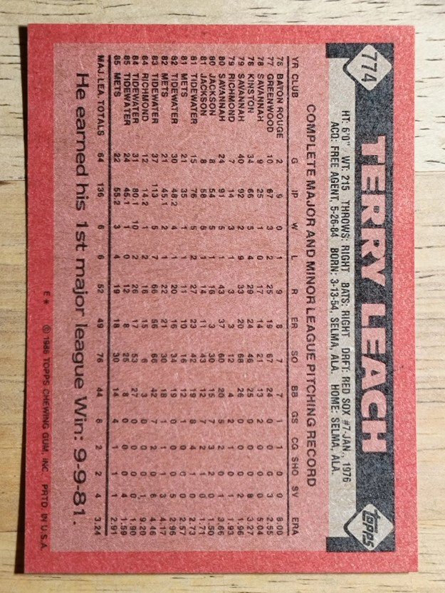 1986 Topps #774 Terry Leach