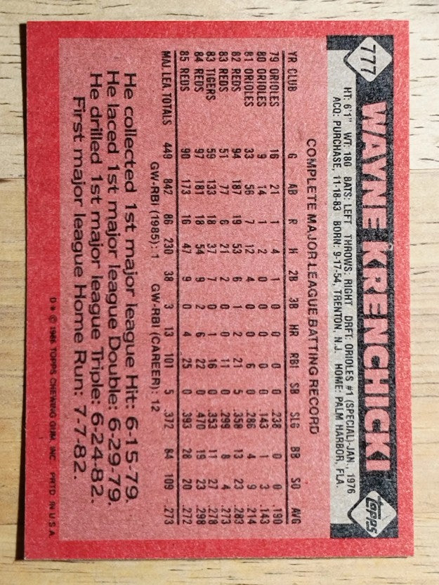 1986 Topps #777 Wayne Krenchicki