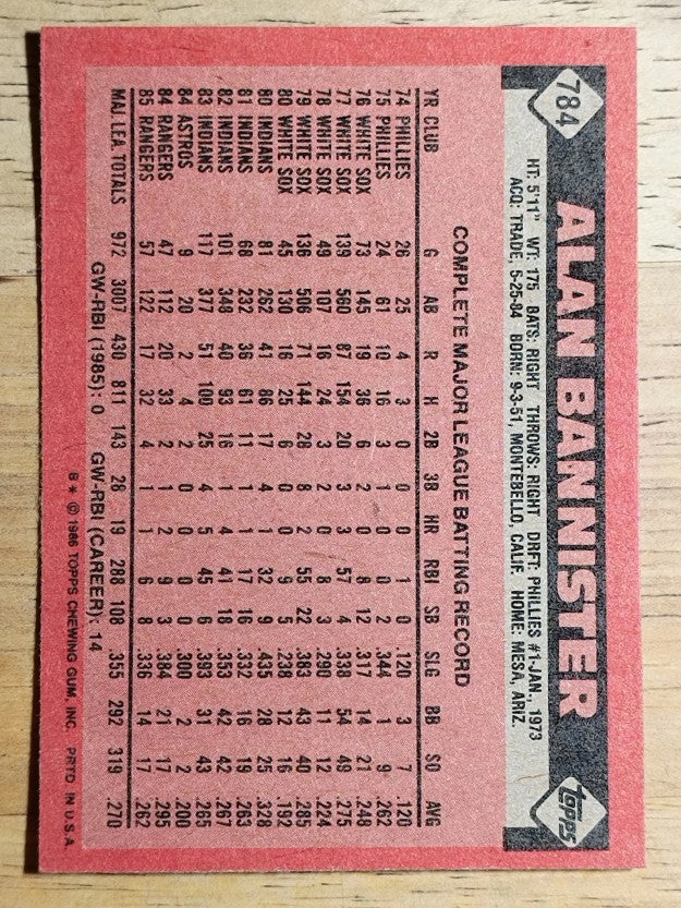 1986 Topps #784 Alan Bannister