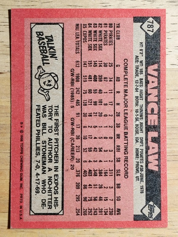 1986 Topps #787 Vance Law