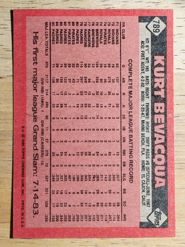 1986 Topps #789 Kurt Bevacqua