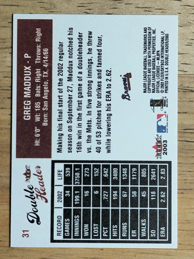 2003 Fleer Double Header #31 Greg Maddux