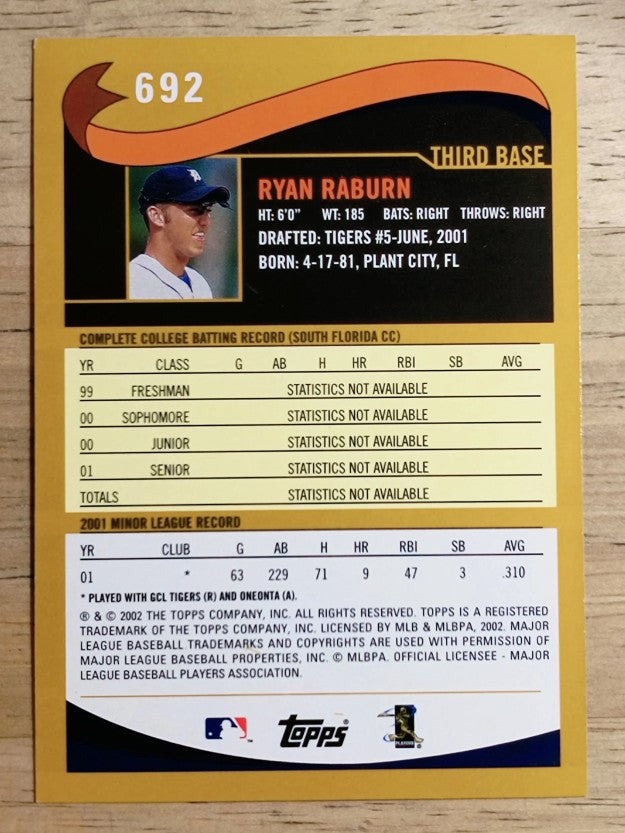 2002 Topps #692 Ryan Raburn DP RC