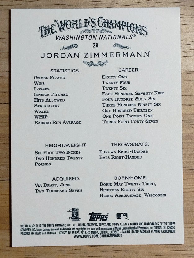 2013 Topps Allen and Ginter #29 Jordan Zimmermann
