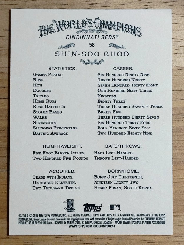 2013 Topps Allen and Ginter #58 Shin-Soo Choo