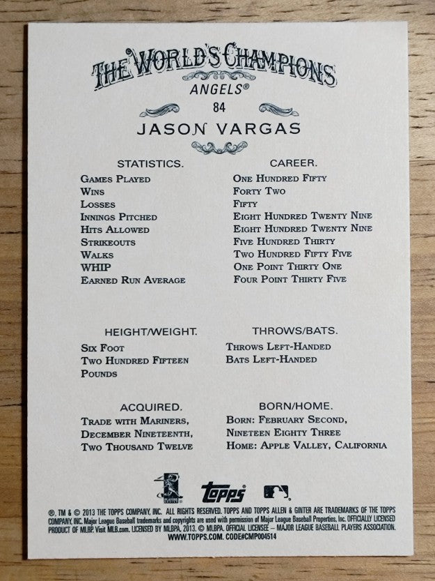 2013 Topps Allen and Ginter #84 Jason Vargas