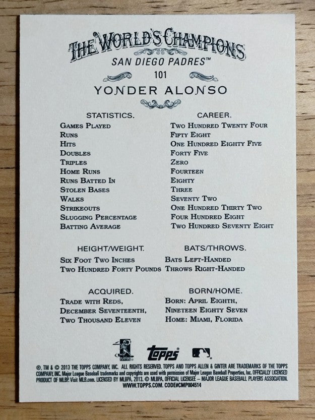 2013 Topps Allen and Ginter #101 Yonder Alonso