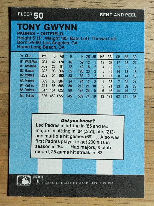 1986 Fleer Star Stickers #50 Tony Gwynn