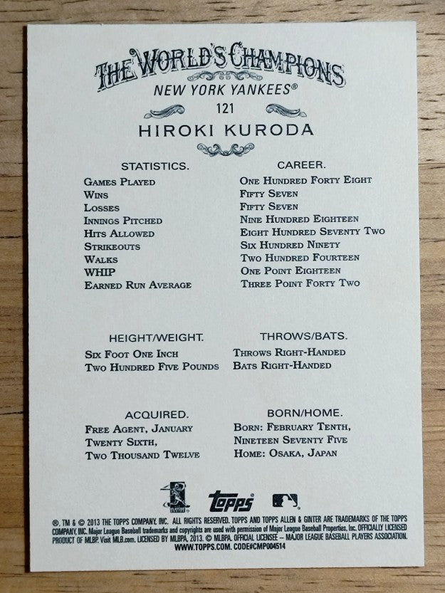2013 Topps Allen and Ginter #121 Hiroki Kuroda
