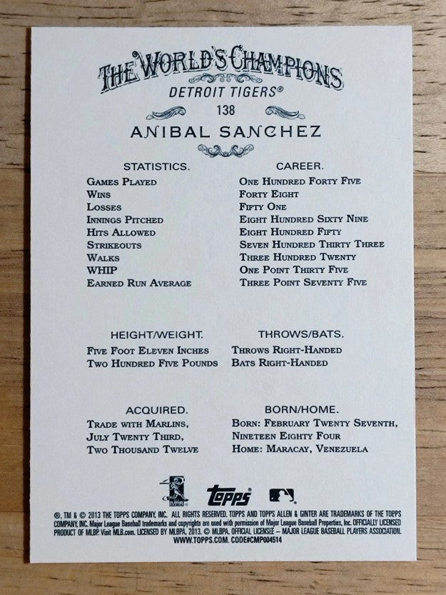 2013 Topps Allen and Ginter #138 Anibal Sanchez