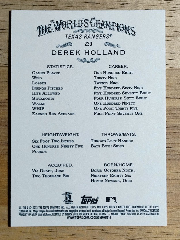 2013 Topps Allen and Ginter #230 Derek Holland