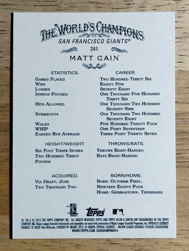 2013 Topps Allen and Ginter #241 Matt Cain