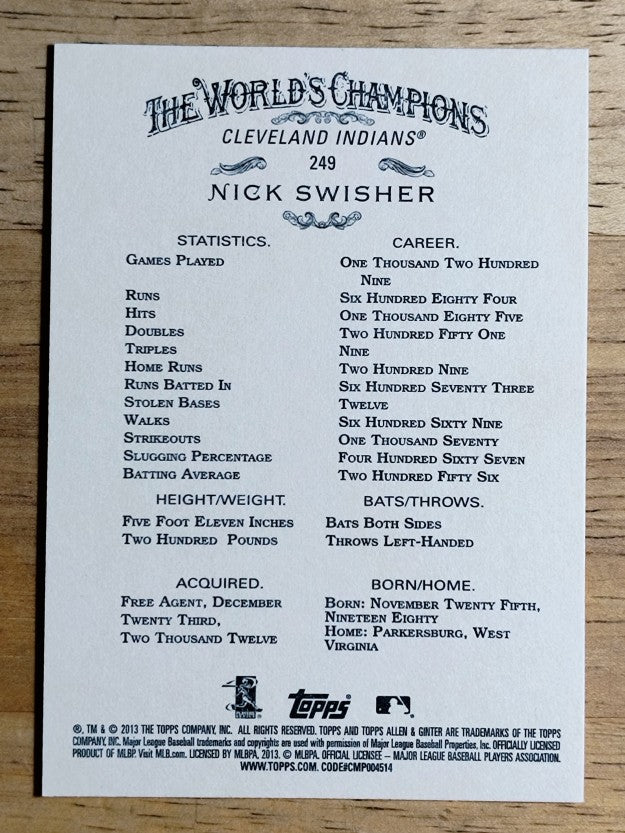 2013 Topps Allen and Ginter #249 Nick Swisher
