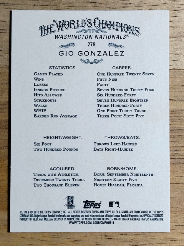 2013 Topps Allen and Ginter #279 Gio Gonzalez
