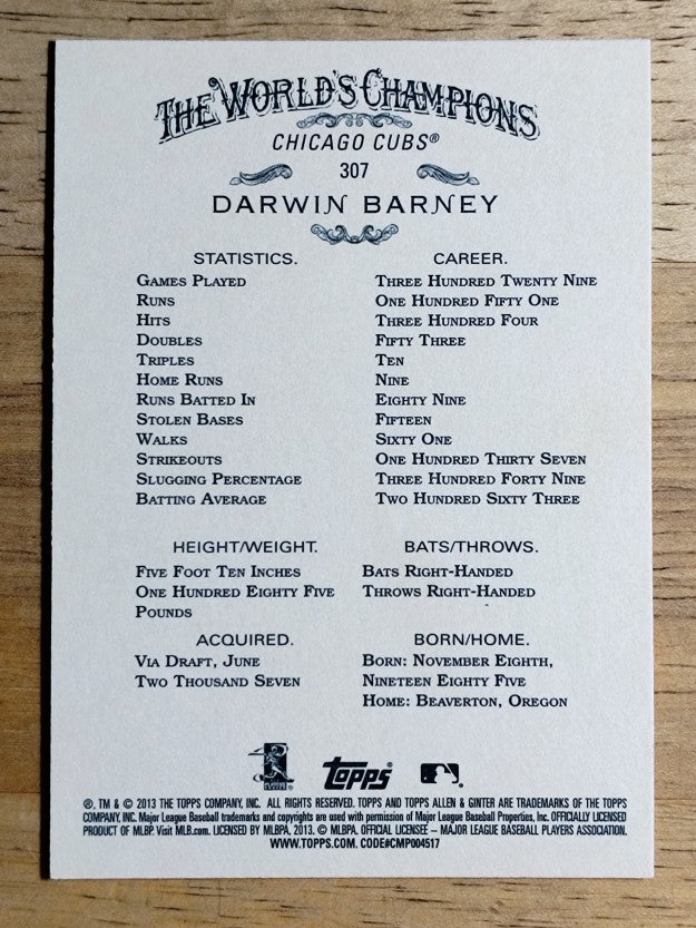 2013 Topps Allen and Ginter #307 Darwin Barney SP