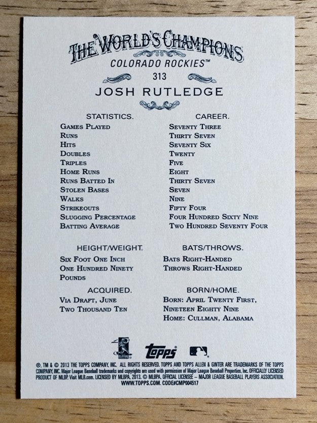 2013 Topps Allen and Ginter #313 Josh Rutledge SP