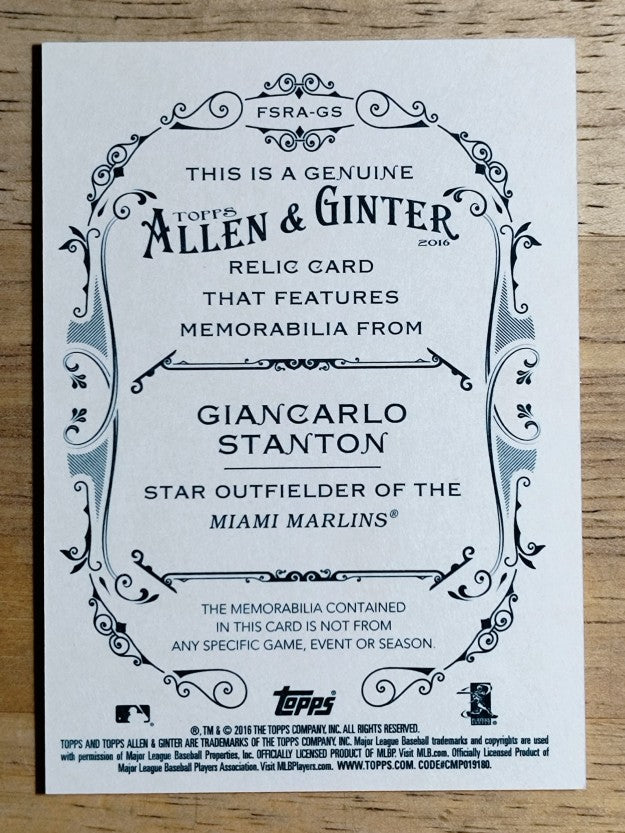2016 Topps Allen and Ginter Relics #FSRAGS Giancarlo Stanton A