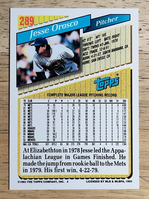1993 Topps Gold #289 Jesse Orosco