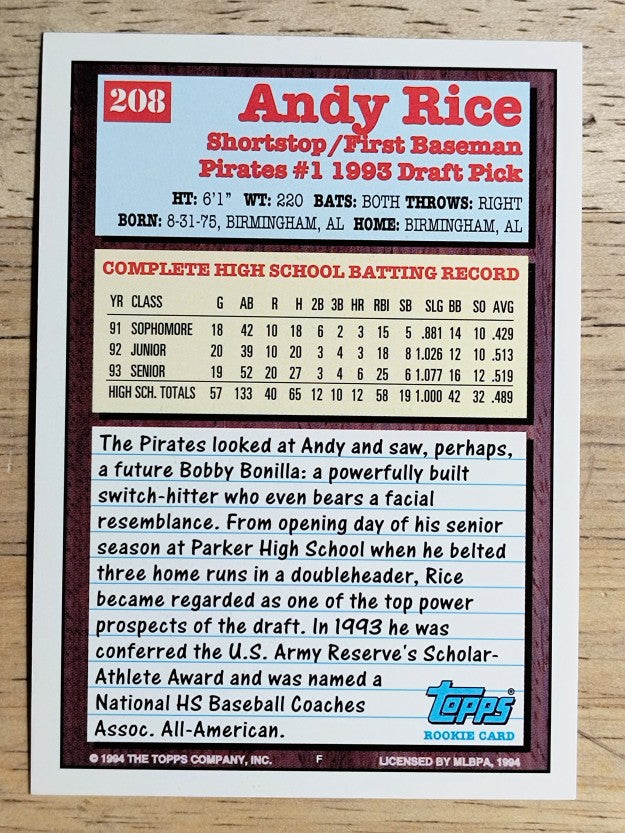 1994 Topps #208 Andy Rice RC