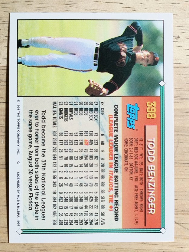 1994 Topps #398 Todd Benzinger