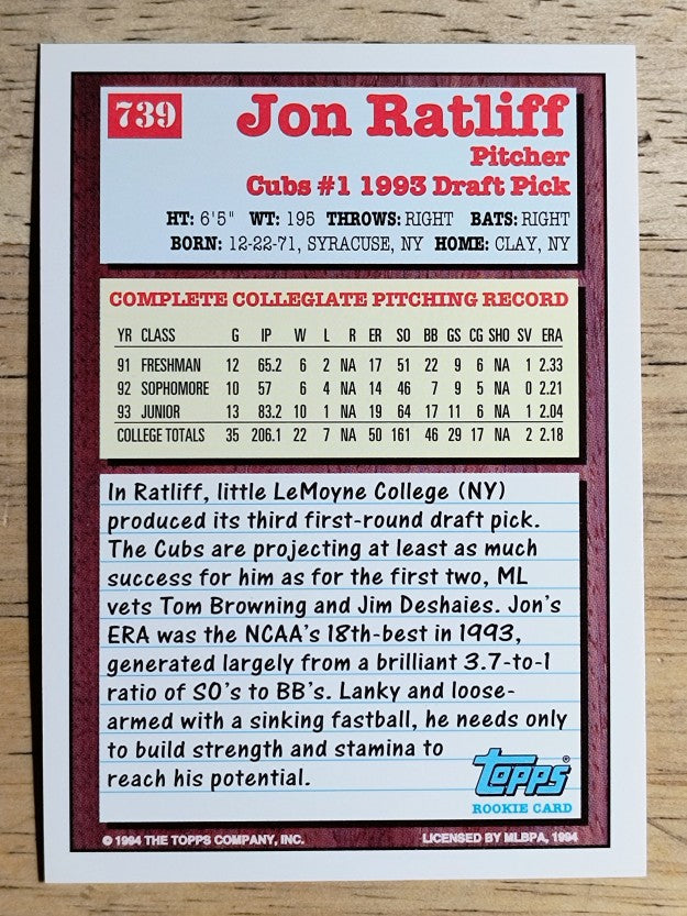 1994 Topps #739 Jon Ratliff RC