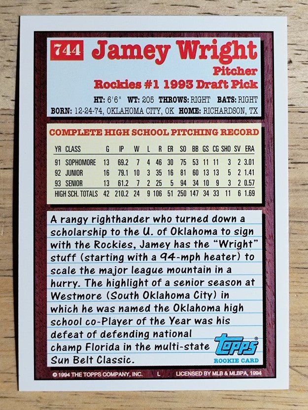 1994 Topps #744 Jamey Wright RC