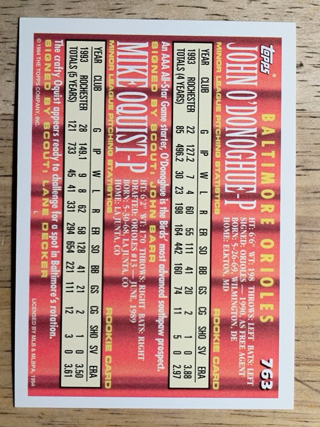 1994 Topps #763 John O'Donoghue/Mike Oquist