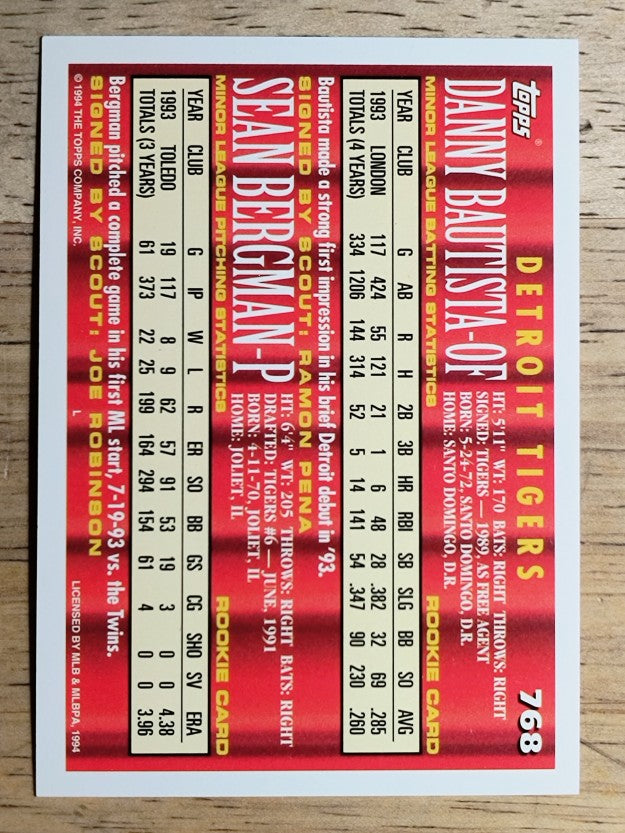 1994 Topps #768 Danny Bautista/Sean Bergman