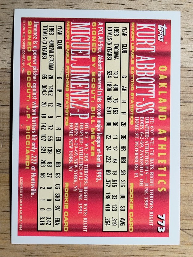 1994 Topps #773 Kurt Abbott/Miguel Jimenez