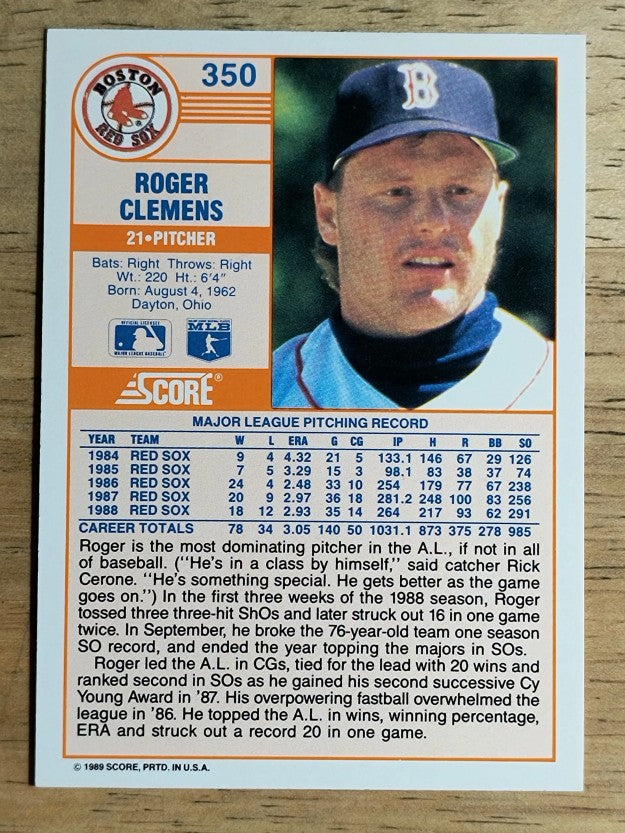 1989 Score #350 Roger Clemens COR/78 career wins