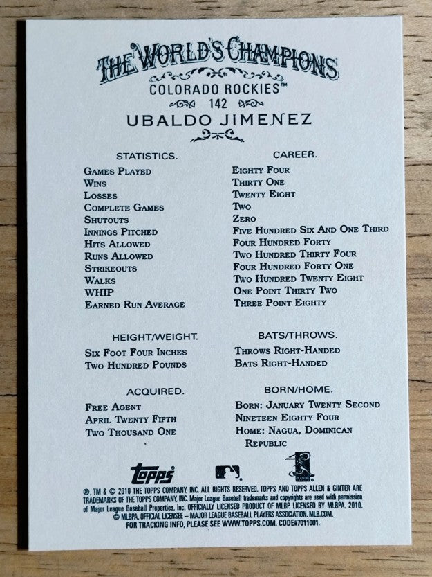 2010 Topps Allen and Ginter #142 Ubaldo Jimenez