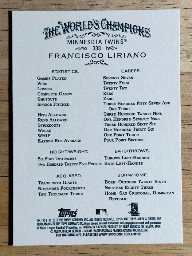 2010 Topps Allen and Ginter #338 Francisco Liriano SP