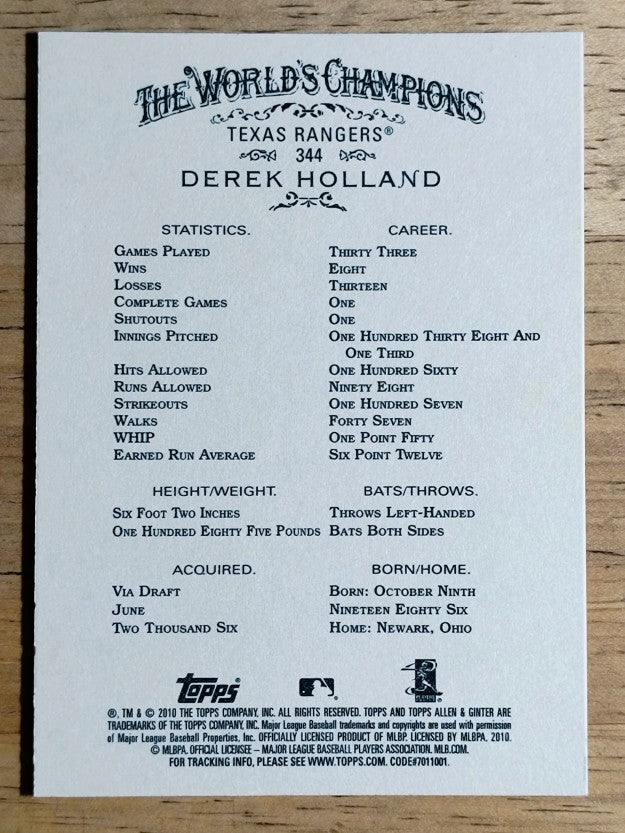 2010 Topps Allen and Ginter #344 Derek Holland SP