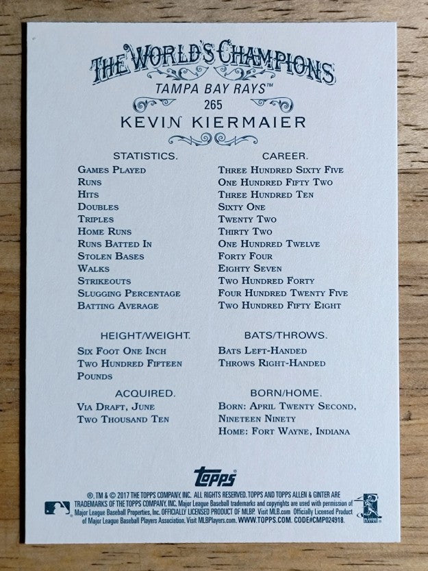 2017 Topps Allen and Ginter #265 Kevin Kiermaier