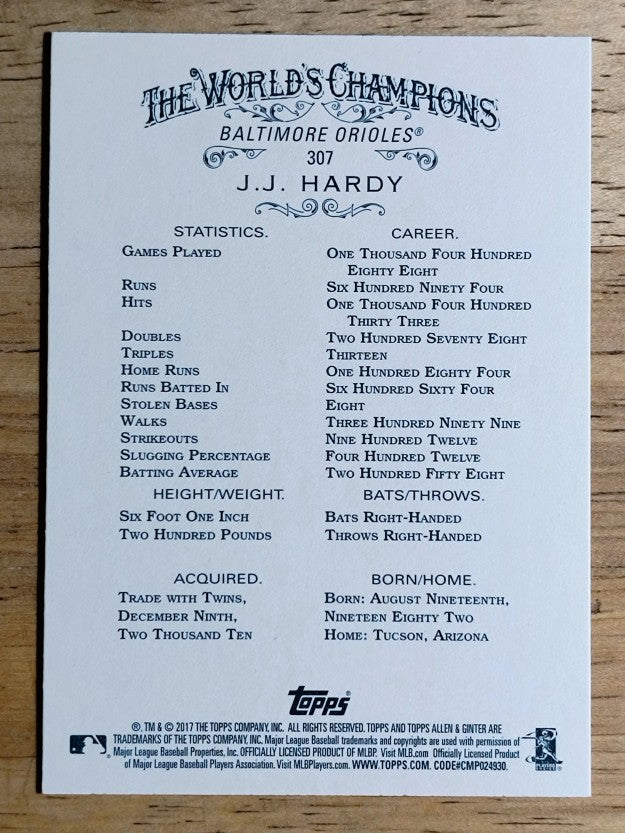 2017 Topps Allen and Ginter #307 J.J. Hardy SP