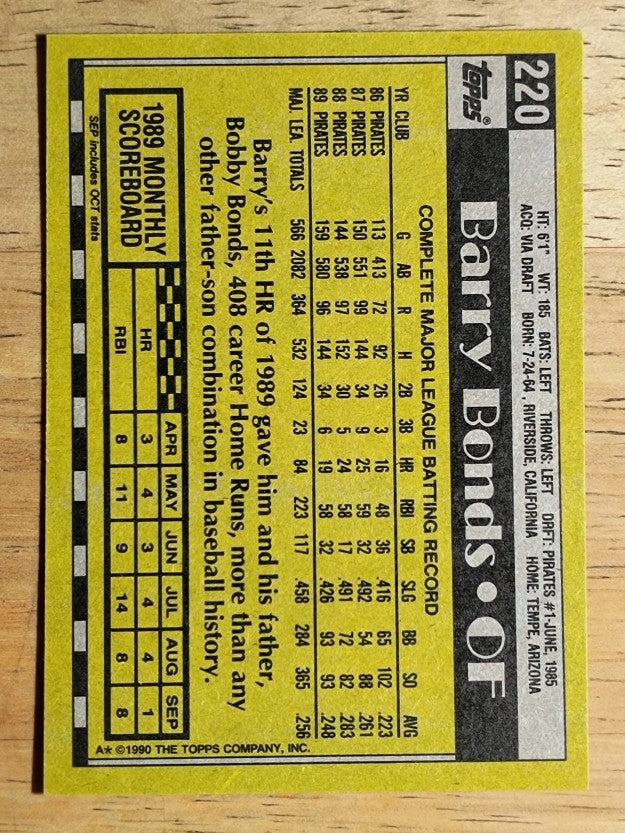 1990 Topps #220 Barry Bonds