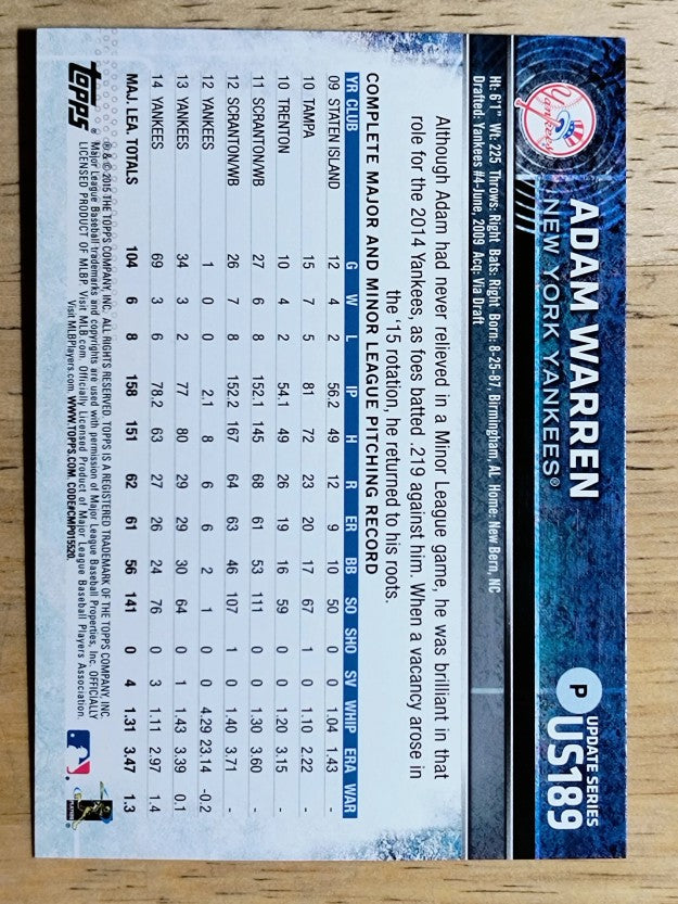 2015 Topps Update #US189 Adam Warren