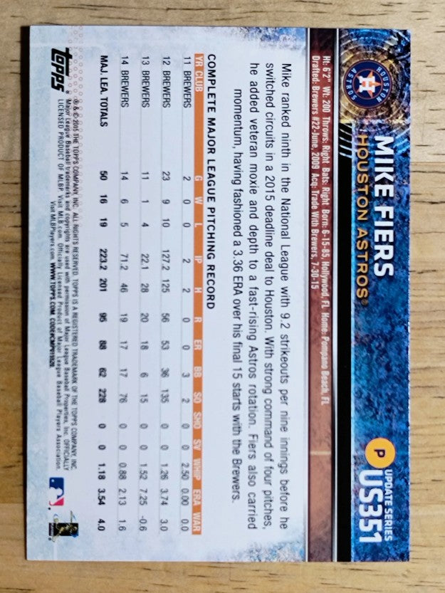 2015 Topps Update #US351 Mike Fiers