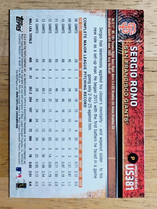 2015 Topps Update #US381 Sergio Romo