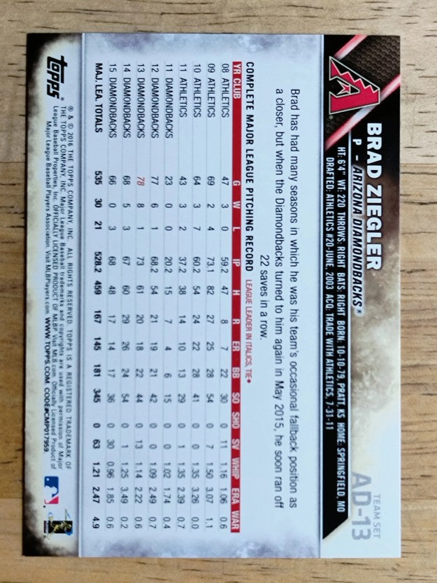 2016 Diamondbacks Topps #ARI13 Brad Ziegler