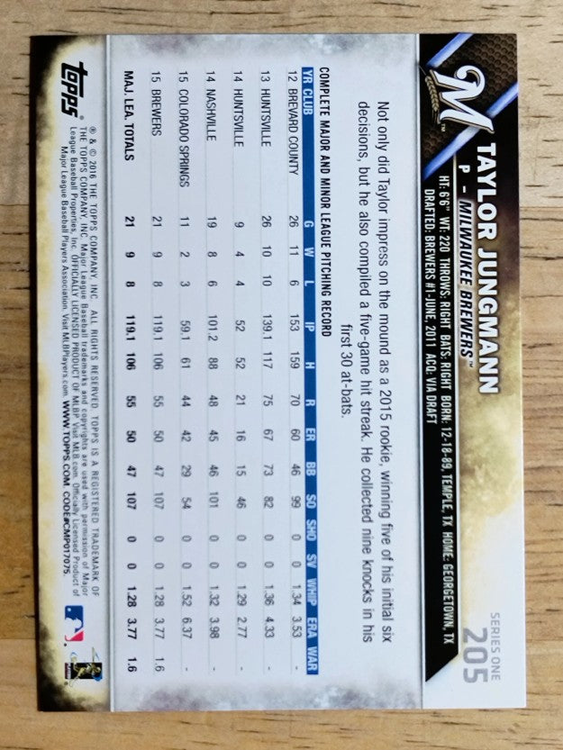 2016 Topps #205 Taylor Jungmann FS
