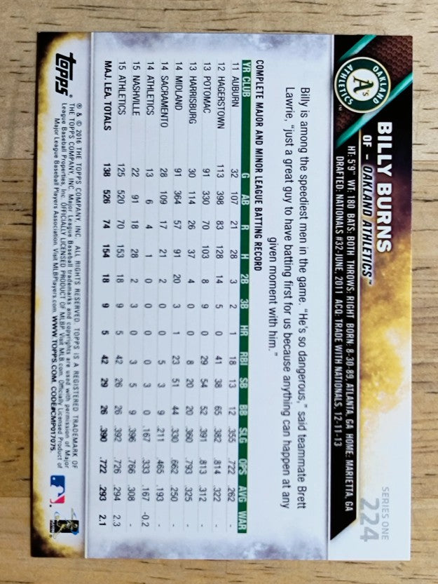 2016 Topps #224 Billy Burns FS