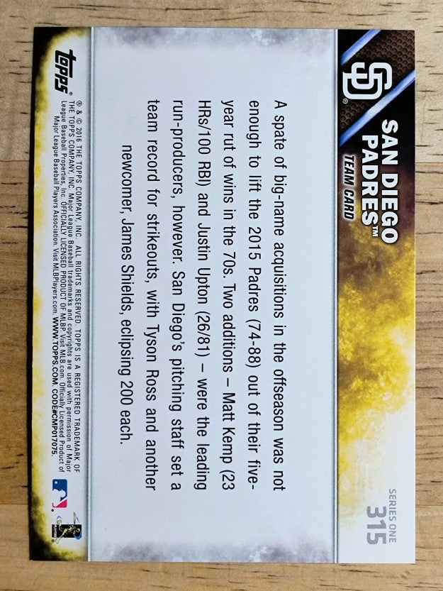 2016 Topps #315 San Diego Padres