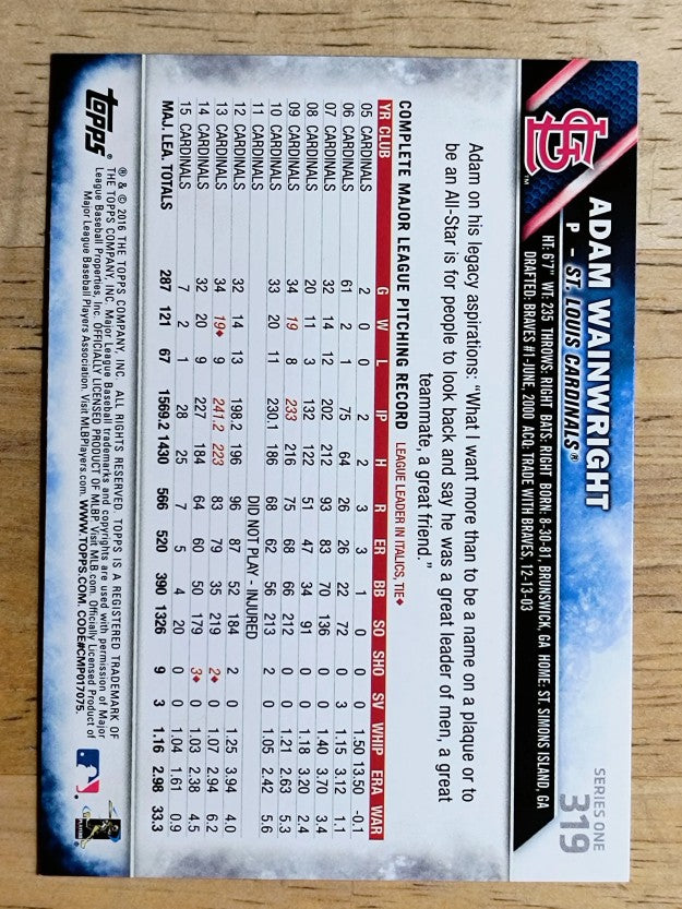 2016 Topps #319 Adam Wainwright