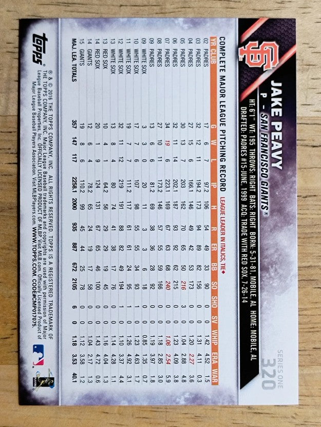 2016 Topps #320 Jake Peavy
