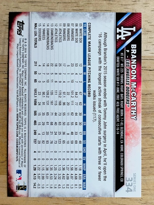 2016 Topps #334 Brandon McCarthy