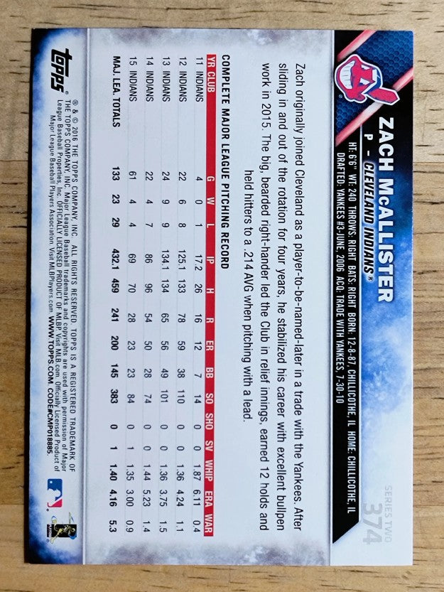 2016 Topps #374 Zach McAllister