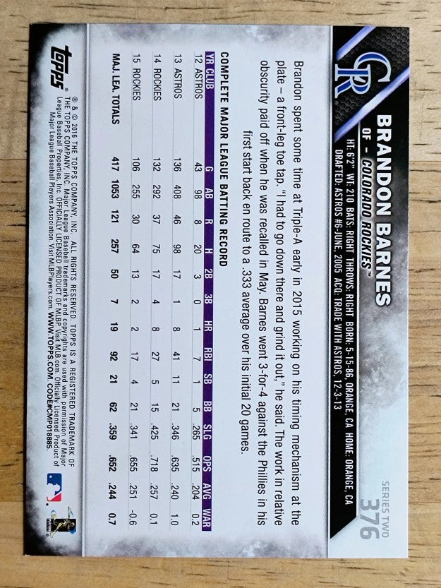 2016 Topps #376 Brandon Barnes